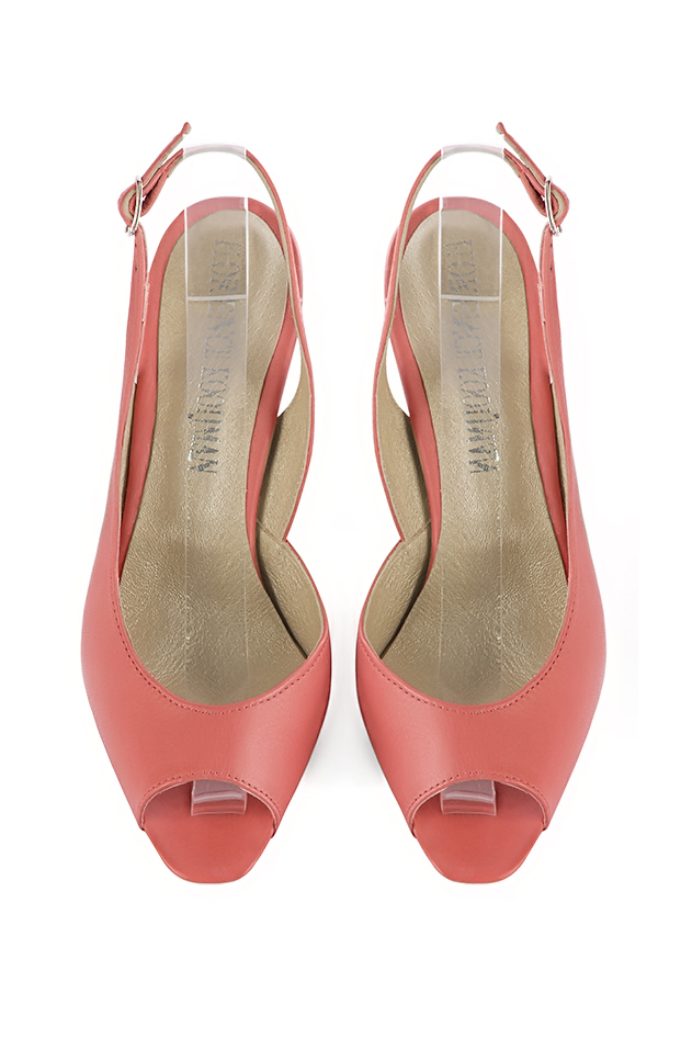 Women's coral open-toe dress pumps with back strap. Round toe. High spool heels - Top view